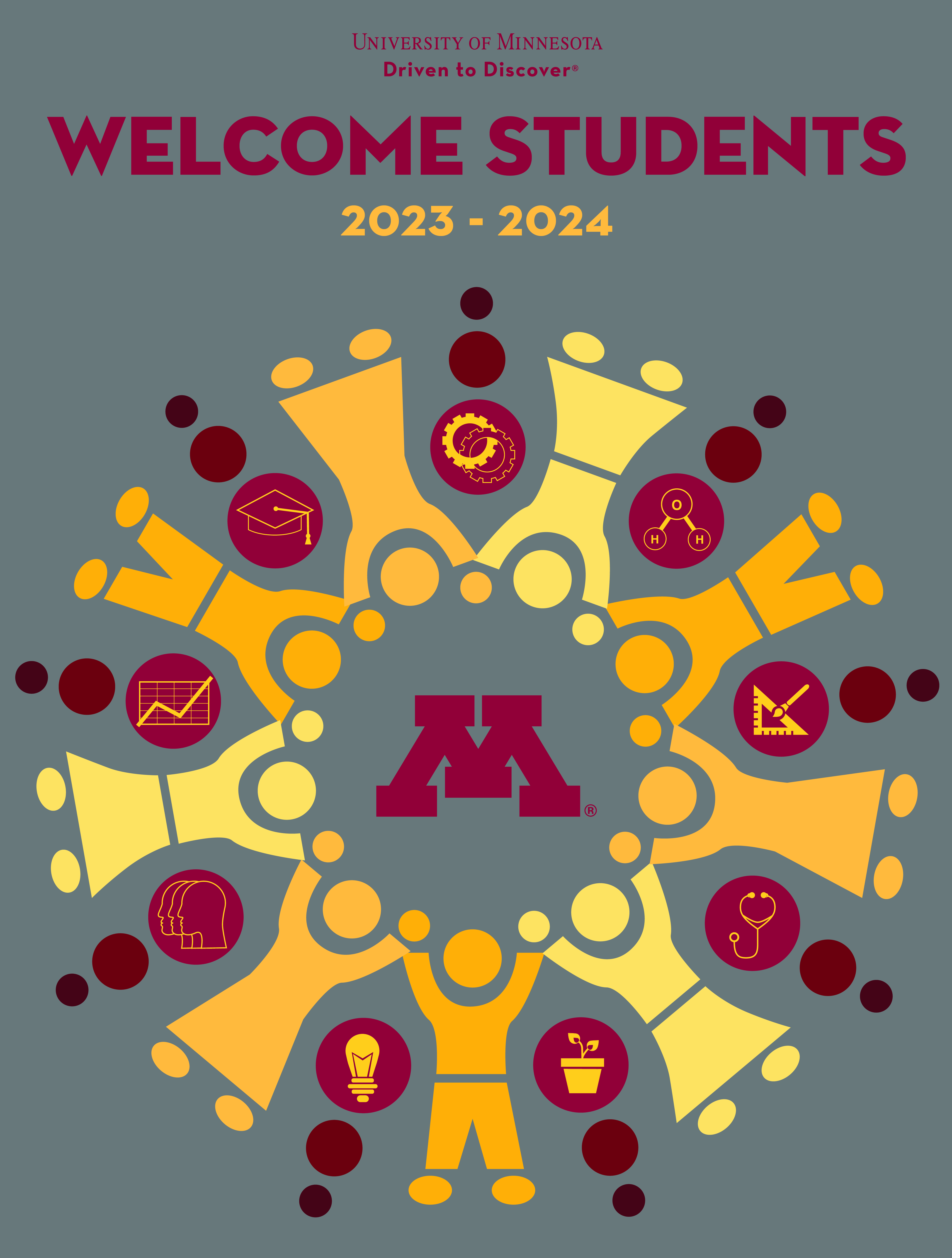Welcome poster with graphic of students in a circle representing each college