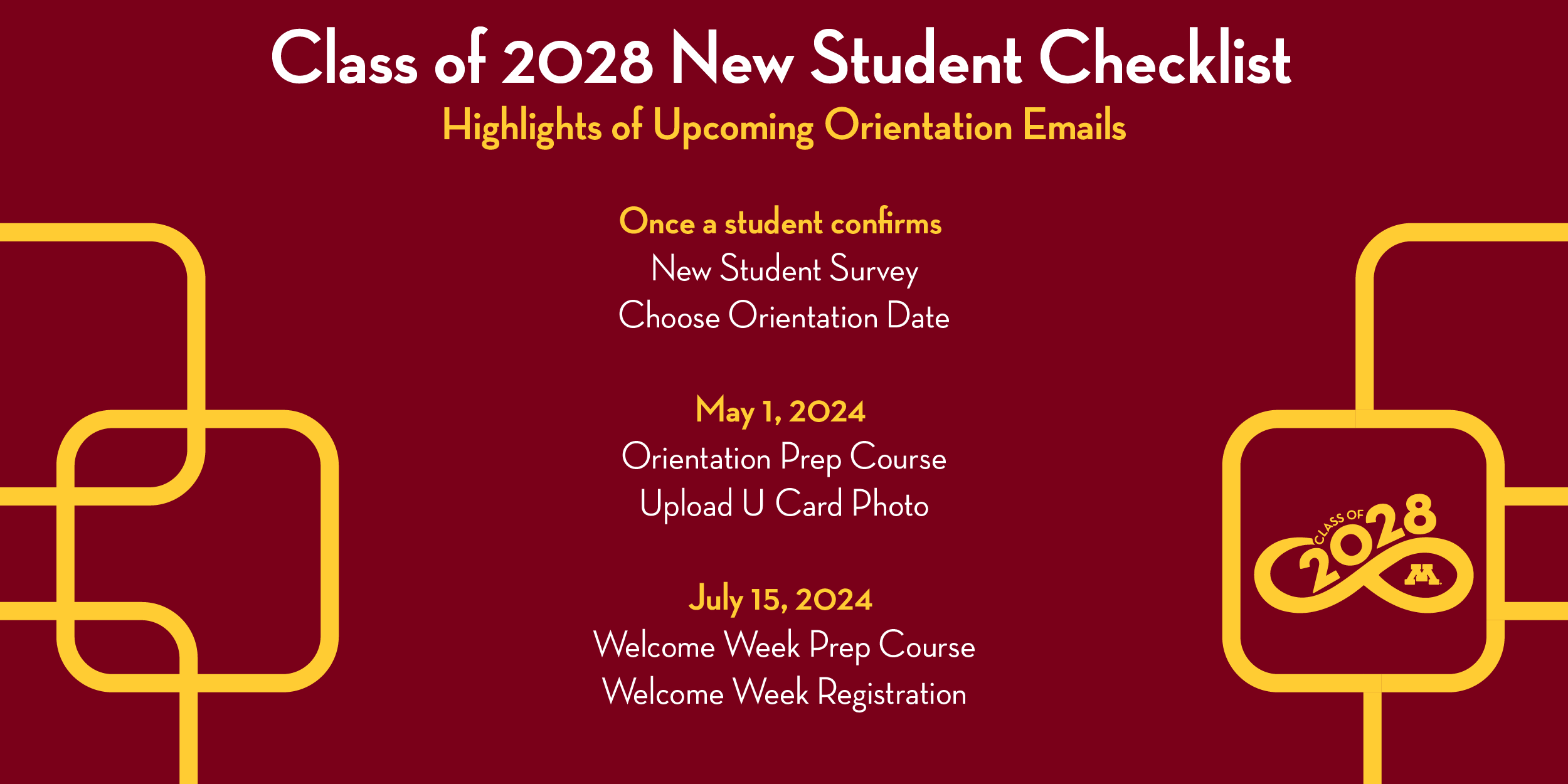 New Student Checklist email timeline. May 1, 2024 students receive second checklist email. July 15 students receive Welcome Week registration email